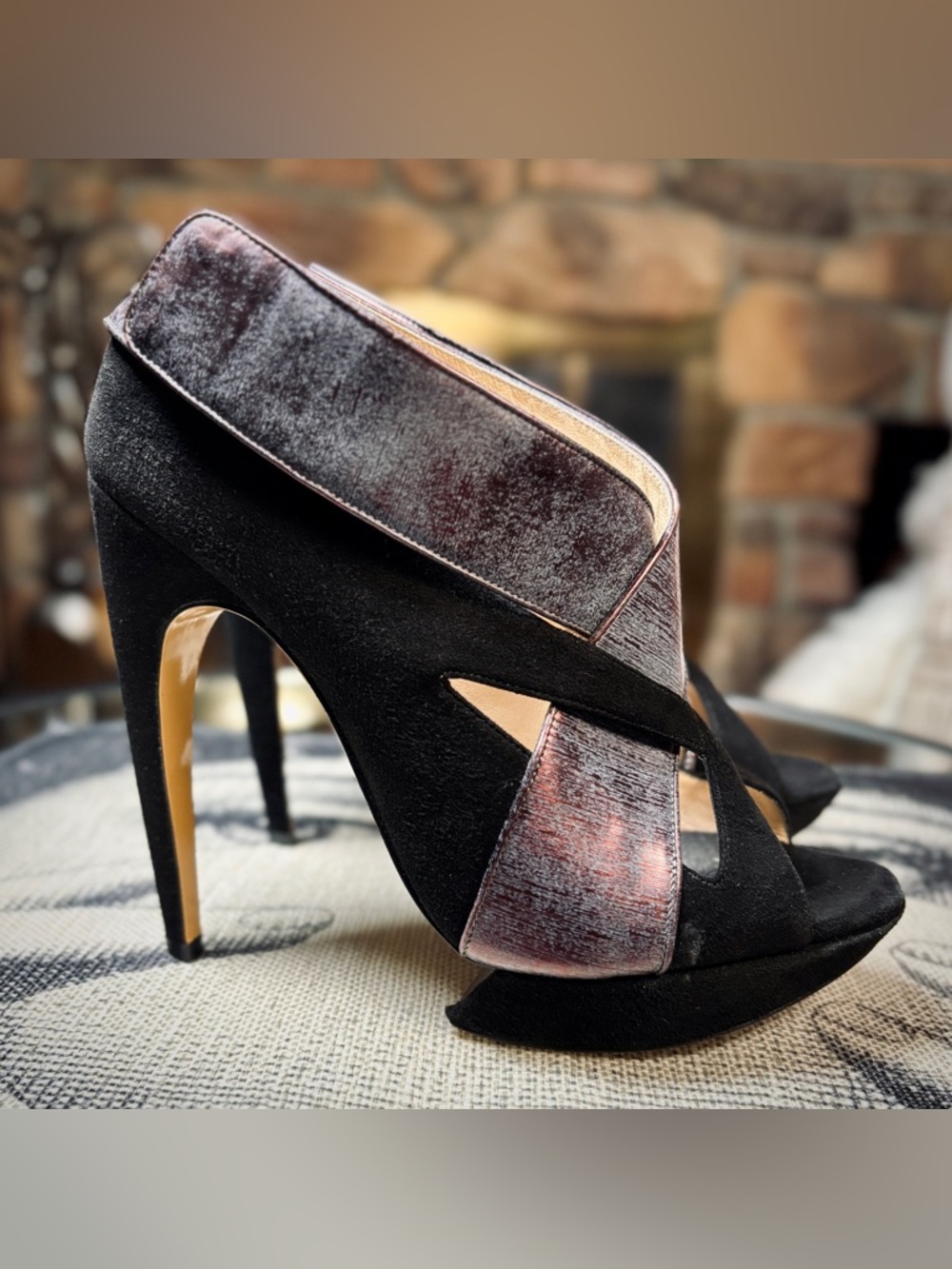 Nicholas Kirkwood Purple Metallic Leather & Black Suede Cage Heel, Sz 38/7.5